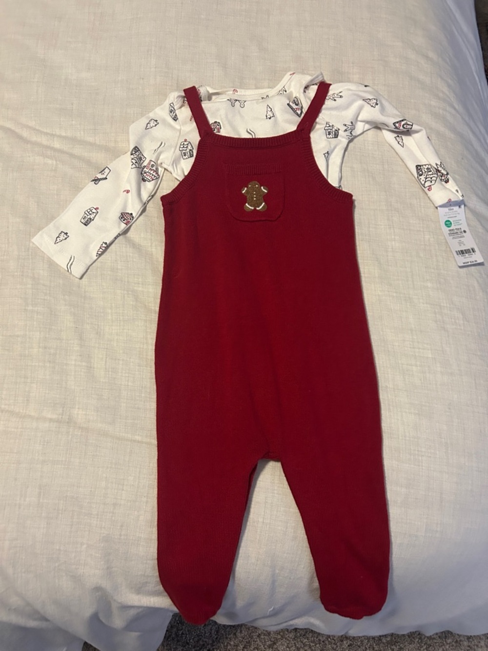 Carter's Red Knit Romper with Gingerbread Detail and White Christmas Onesie